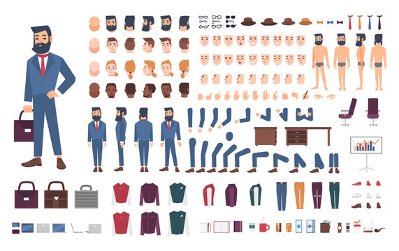 Businessman character constructor. Male clerk creation set. Different postures, hairstyle, face, legs, hands, accessories, clothes collection. cartoon illustration. Guy, front, side, back view.