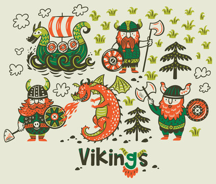 Nordic collection with vikings, dragon and ship in cartoon style
