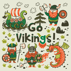 Go vikings motivation card. Cute cartoon characters of vikings, dragon