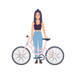 Fototapeta na wymiar Modern girl standing with bicycle. Cartoon flat colorful vector illustration.