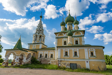 Fototapeta na wymiar UGLICH, RUSSIA - JUNE 17, 2017: Facade of the Church of the Nativity of John the Baptist on the Volga River. Built in 1691 