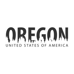 Oregon. USA. United States of America. Text or labels with silhouette of forest.