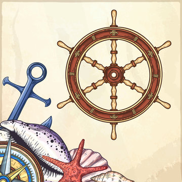 Hand drawn ship stearing wheel.