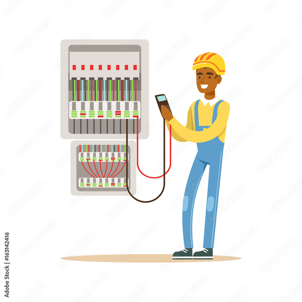 Poster electrician engineer measuring the voltage output in fuse box, electric man performing electrical wo