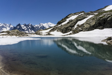 Lake Lac Blanc on the background of Mont Blanc massif. Alps.
