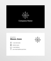 Double-sided business card template. US standard size 3.5x2 in. Withe bleed size 0.125 in. Vector. Minimal and official style. With geometric shape logo and icons phone, globe, letter.