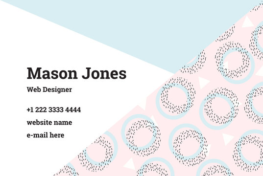 Business card template in the style of Memphis. A perfect combination of pink and blue pastel colors. Pattern of geometric shapes, circles and triangles. UK standard size 85x55 mm with bleed size 3 mm