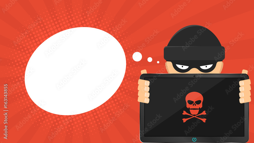 Poster a cartoon hacker is holding a broken tablet in his hands. empty cloud for text. red skull on the scr