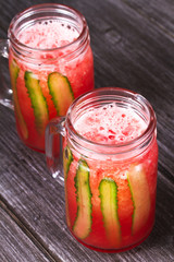 Watermelon and cucumber cocktail in jars