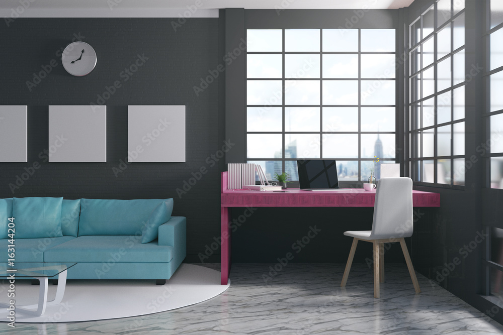Aufkleber 3d rendering : illustration of modern interior creative designer office desktop with computer. pc la