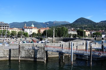 Holidays at Lake Maggiore in summer, view to Intra Verbania from the car ferry, Italy