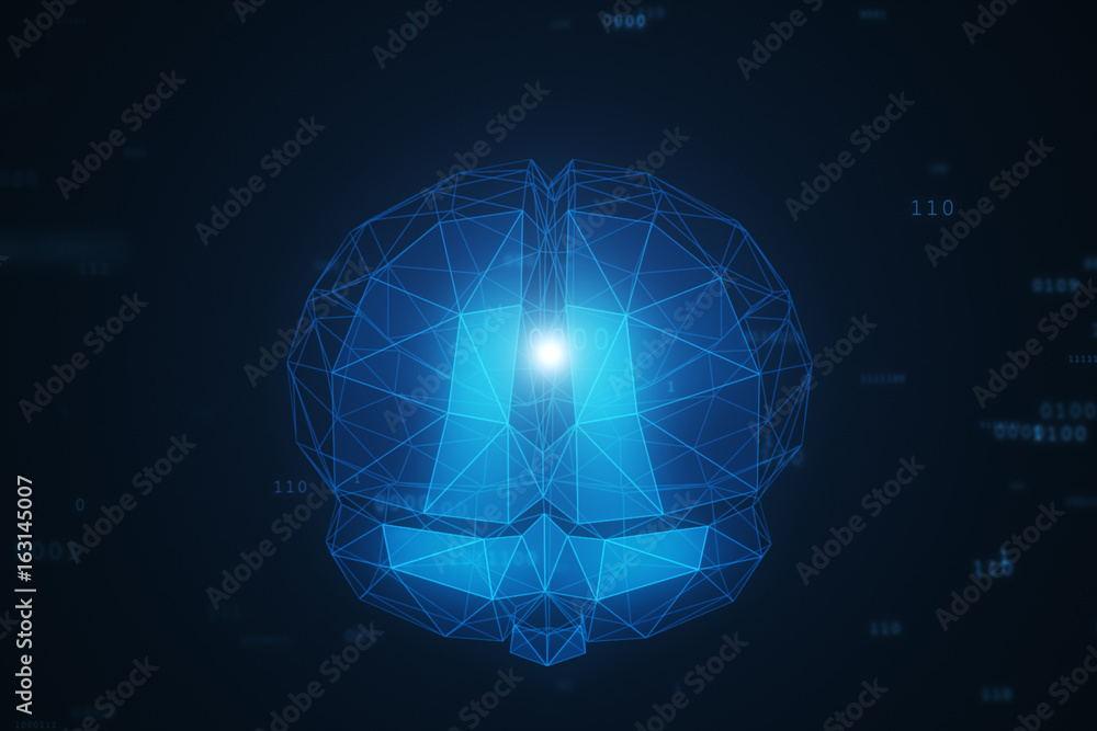 Poster digital artificial intelligence of the brain from polygons in a cloud of binary data 3d illustration