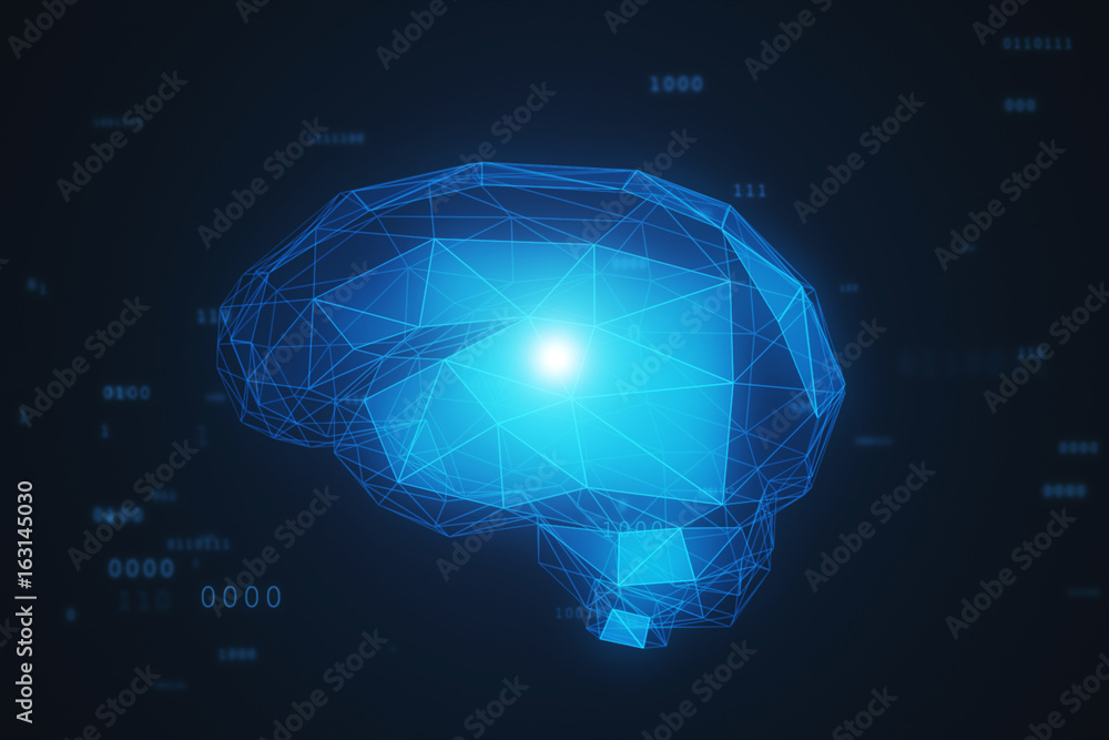 Poster digital artificial intelligence of the brain from polygons in a cloud of binary data 3d illustration