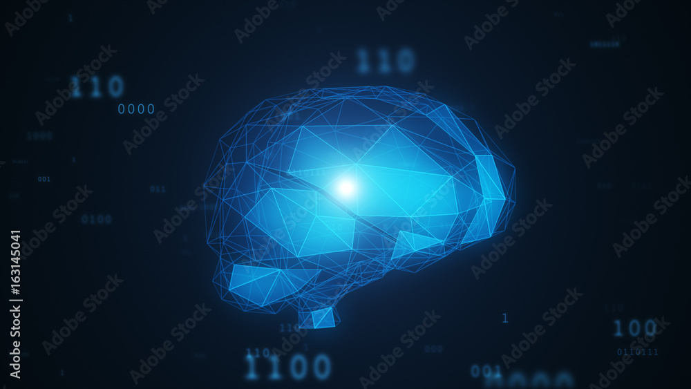 Poster digital artificial intelligence of the brain from polygons in a cloud of binary data 3d illustration