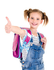 Portrait of smiling happy school girl child with school bag and finger up