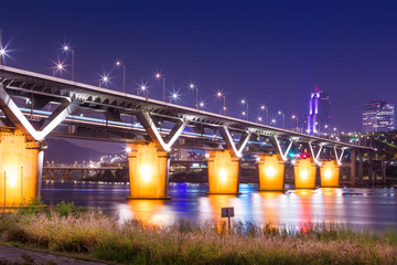 cheongdam bridge or cheongdamdaegyo is han river bridge at night in Seoul, South Korea..