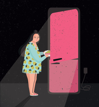 Colorful Illustration Featuring Late Night Fridge Raid. Sleepy Woman Is Taking Out Pie From Refrigerator. Eating At Night. Cartoon Vector Illustration.