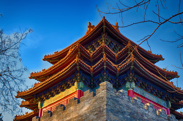 Fototapeta premium Traditional Chinese roof. National style. Ready bright banner. Element in the architecture of China.