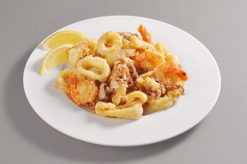 Dish with fried shrimp and squid rings