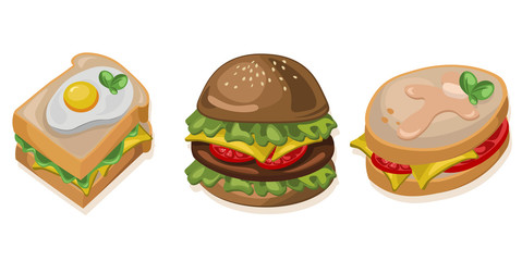 Burger, toast and sandwich icon detailed templates Vector illustration