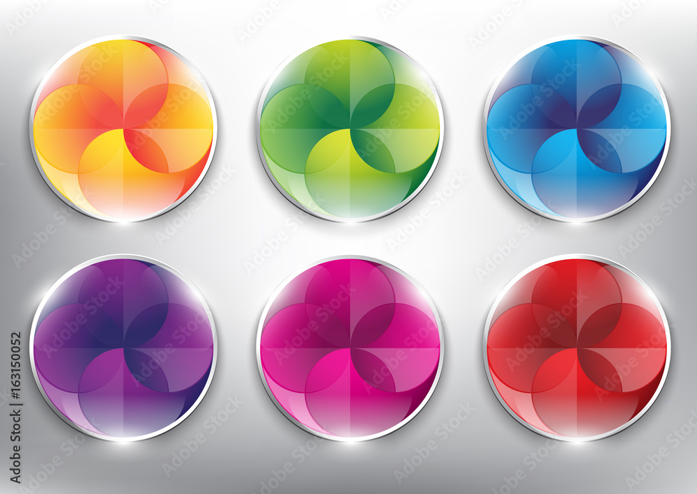 Wall mural abstract vector web buttons set of 6. isolated with realistic, transparent glass shine and shadow on