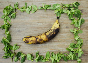 Overripe brown banana in rectangle shape frame of wild edible green leaves on wooden background. Healthy vegetarian vegan organic food, overhead shot