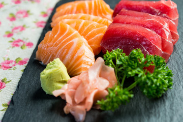 Japanese food fresh raw fish mixed sashimi - obrazy, fototapety, plakaty