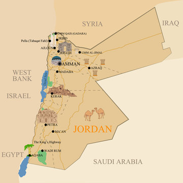 Jordanian tourist map with a designation of historical cultural reminders.