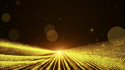 Gold orange abstract animation background with moving and flicker particles form. Backdrop of bokeh light ray effect.