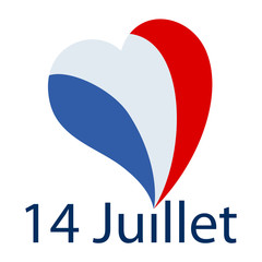 Vector illustration of french text phrase '14 Juillet' with big heart shaped french flag as dot on the i on white background