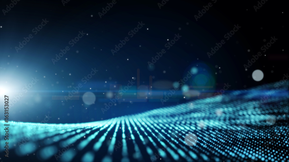 Wall mural dark blue abstract animation background with moving and flicker particles form. backdrop of bokeh li