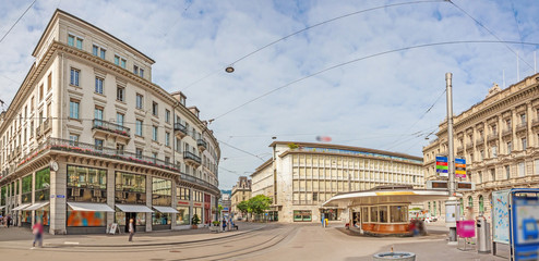 Paradeplatz Zurich, view from Bahnhofstrasse - obrazy, fototapety, plakaty