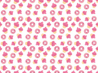 Seamless pattern with sweets - donuts, cupcakes isolated on white background.