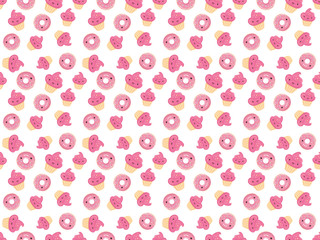 Seamless pattern with sweets - donuts, cupcakes isolated on white background.