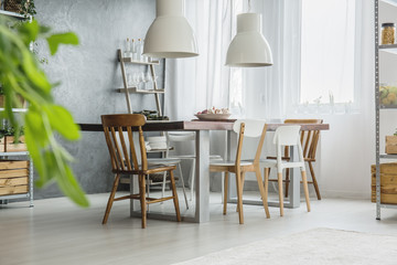 Grey and white dining room