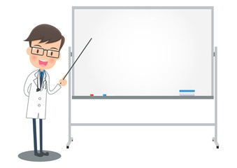 ホワイトボードを使って説明する白衣の医者