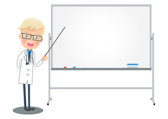 ホワイトボードを使って説明する白衣の医者