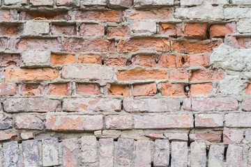 Vintage ruined brick wall with cracks, background and texture, natural design, patterns, extured background with space for copy text.