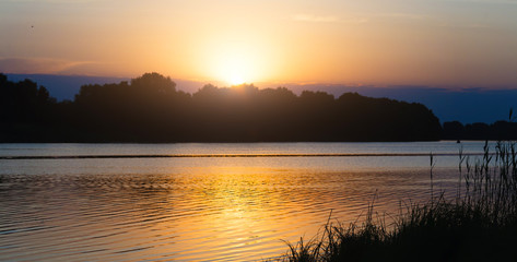 Daybreak at forest river. Nature landscape background