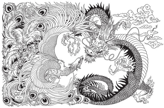 Chinese dragon and phoenix feng huang playing with a pearl ball . Black and white vector illustration