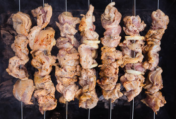 Marinated Chicken Kabobs. Cooking meat on the fire. Close Top view