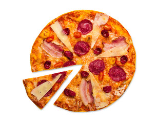 Delicious italian pizza with salami, bacon and parmesan