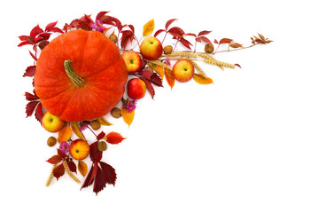 Pumpkin, apples with leaves, walnuts, wheat, red leaves grapes and flowers on white background with space for text. Top view, flat lay. Arrangement of thanksgiving