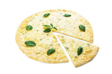 Delicious four cheese pizza with basil leaves