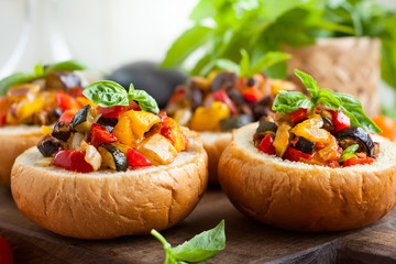 Eggplant caponata in bread bowls