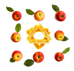 Ripe yellow-red juicy apples and leaves apple tree on white background with space for text. Top view, flat lay