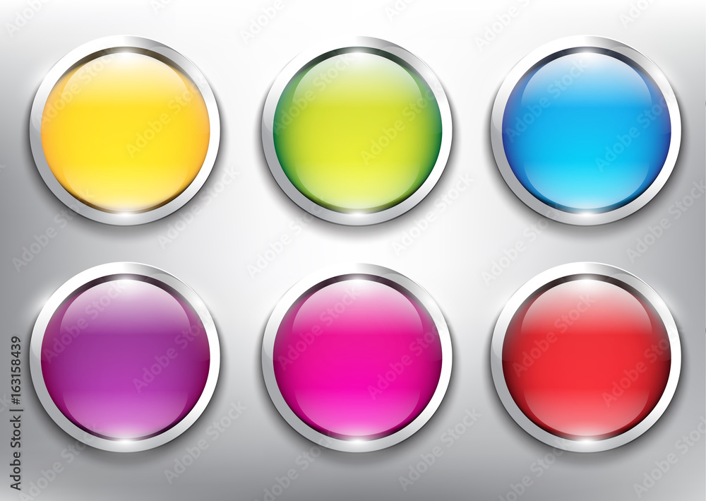 Wall mural abstract vector web buttons set of 6. isolated with realistic, transparent glass shine and shadow on