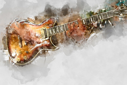 Playing guitar on watercolor background, Digital watercolor painting