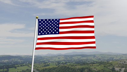 4th of July Independence Day American Flag Over fields of green and cloud and blue sky in the background