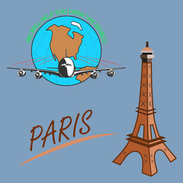 Travel around the world quickly, safely and comfortably

Drawing a passenger airplane in flight. A trip from America to Europe and Paris. For advertising and design.
